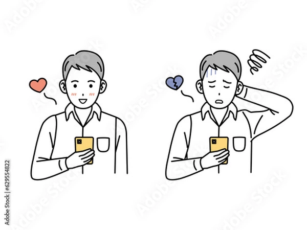 Obraz スマートフォンを見てデレる、落ち込む若い男性