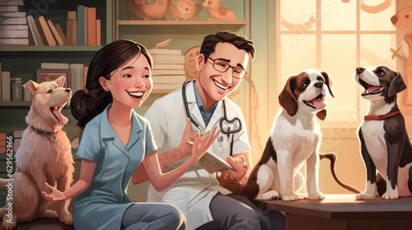 Fototapeta Veterinarians interact with pets in a friendly way, eliciting smiles.