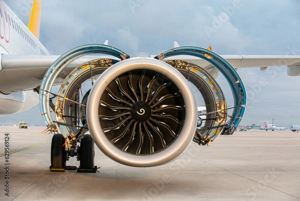 Obraz Jet engine of a modern commercial aircraft with nacelle covers open for maintenance on airport apron. Detailed view of turbofan engine and landing gear in daylight.