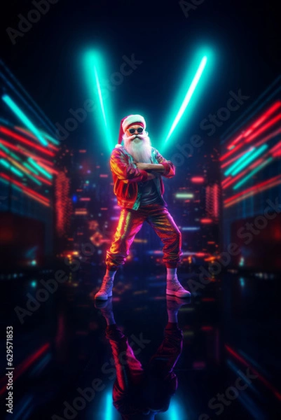 Fototapeta Trendy Santa Claus in fluorescent clothes illuminated by neon lights on a dark background. Concept of Christmas and New Year celebration and party, Luminous colors. Generative AI.