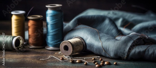 Fototapeta Banner with multicolored spools of sewing thread. Background with sewing accessories. Generative AI.