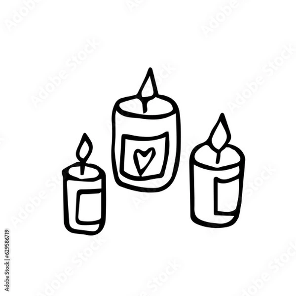 Fototapeta Three burning candles on a white background are isolated in a doodle style. Christmas candles for seasonal decor. Candles can be used for the design and decoration of shops, wrapping paper, bags,