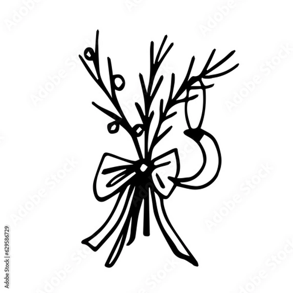 Fototapeta Christmas tree branches with a bow and doodle-style toys on a white background are isolated. Line art, hand drawn