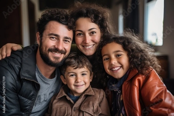 Obraz Portrait of diverse ethnic families inside their apartment - Happy - Created with generative ai Technology