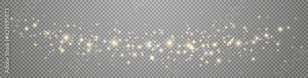 Fototapeta Glitter light background. Christmas luxury banner. Golden dust. Glowing bokeh confetti. Gold and white magic particles border. Flying bright stars. Neon garland lamp. Vector illustration
