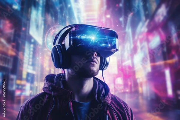 Fototapeta Person using vr glasses and technology future background. Generative ai.