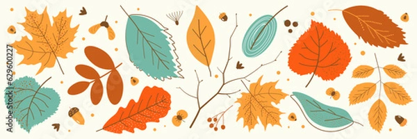 Obraz Hand drawn horizontal banner pattern with autumn bright leaves and berries in retro color. Flat doodle style. Vector illustration.