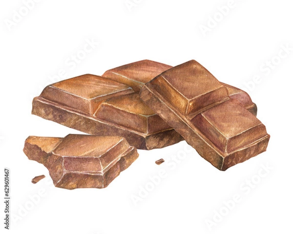 Fototapeta Watercolor illustration of a piece of milk or dark chocolate bar. Hand drawn, suitable for prints, menu design