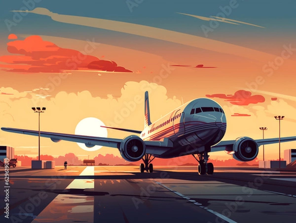 Fototapeta Illustration of a medium-sized commercial aircraft at an airport. In a static state and waiting for passengers.