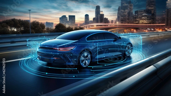 Fototapeta Autonomous self driving electric car change the lane and overtakes city vehicle