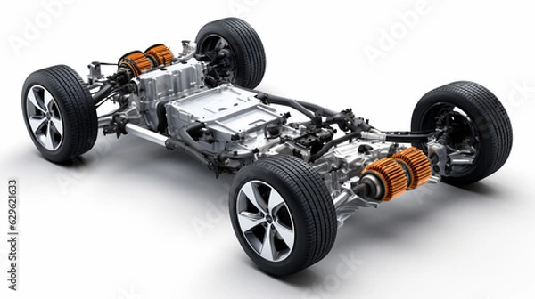 Fototapeta Car chassis with engine. Image of car chassis with engine isolated on white. 3d rendering