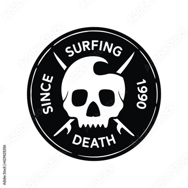 Fototapeta vintage hipster rustic retro skull with waves surfing stamp badge logo inspiration