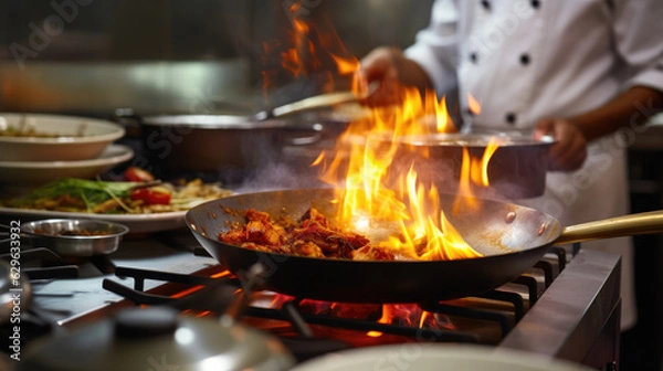 Fototapeta Chef in restaurant kitchen at stove with pan, doing flambe on food
