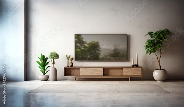 Fototapeta Interior mock up living room. cabinet for TV or place object in modern living room with lamp,table,flower and plant. AI Generative.