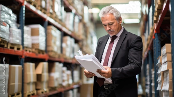 Fototapeta Senior warehousing professional reading a file with inventory records in a fulfillment center