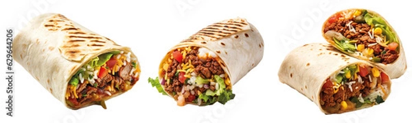 Obraz Set of tasty Mexican burritos, Chicken, beef, sausage and salad bread wraps isolated on transparent background