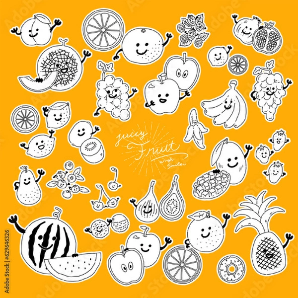 Obraz 顔のついた手描きフルーツのアイコンイラスト　ベクター 線画 白フチ