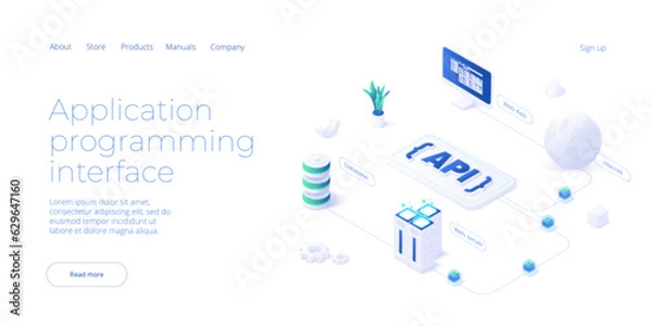 Fototapeta Api technology concept in isometric vector design. Application programmimg interface with data software and development. Web banner layout template