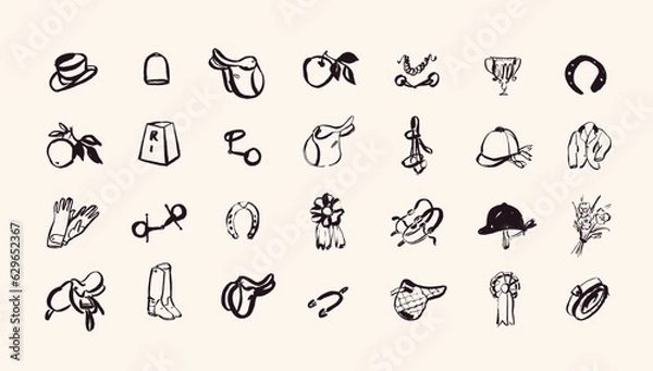 Obraz Hand drawn equestrian icons, horse back riding items in outlined style, isolated vector elements