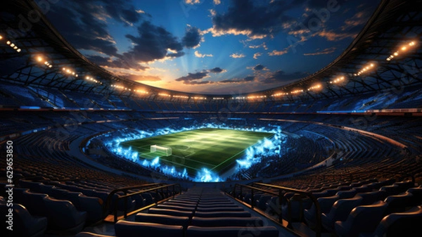 Fototapeta The atmosphere of a large and modern football stadium in the twilight.