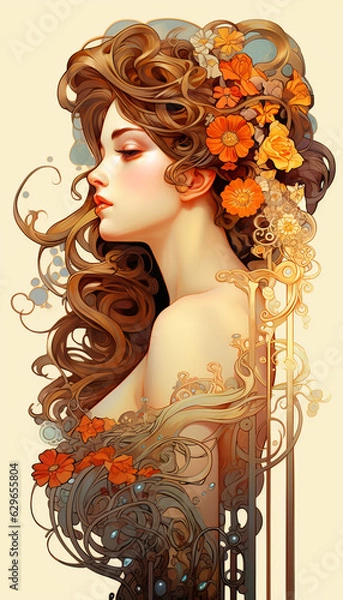 Obraz portrait of woman in flowers art nouveau style, made with Generative AI