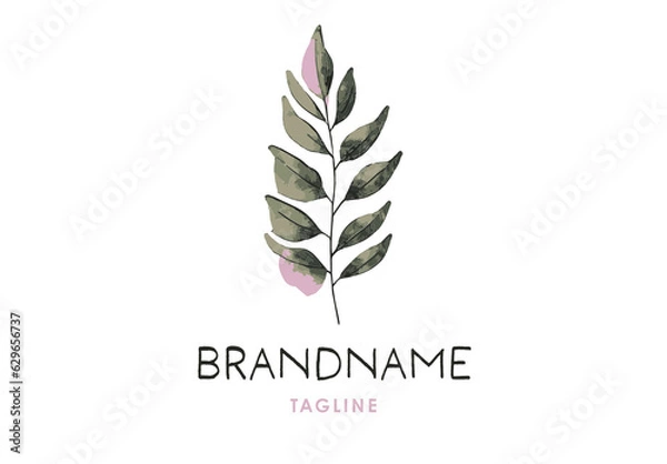 Obraz Customizable Logo Plant Branch with Delicate Leaves Watercolor Handdrawn Floral Green Pink