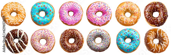 Fototapeta set of donuts, isolated on transparent background cutout - png - different flavors mockup for design - image compositing footage - alpha channel