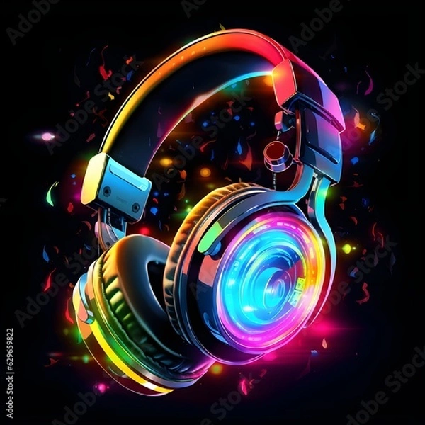 Fototapeta Colorful pair of headphones isolated on black background created with Generative AI technology  
