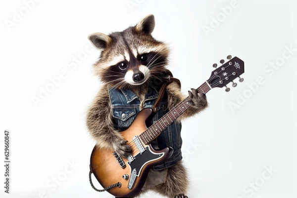 Fototapeta Funny Raccoon with Electric Guitar Rock Gesture - Created with generative AI tools