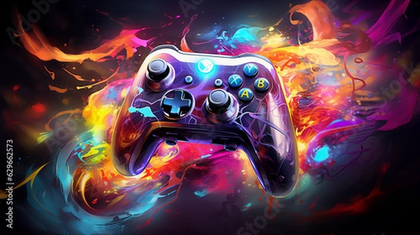 Fototapeta a console controller morphing into a mythical beast, vibrant colors, cosmic background, mid - transformation, dynamic and fluid shapes, glowing, electrifying energy, surreal