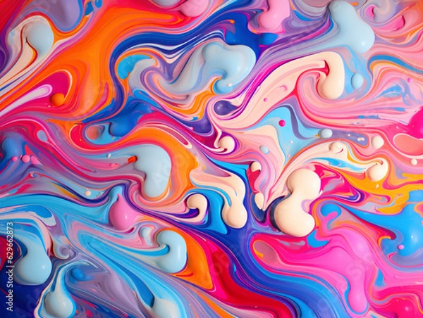 Fototapeta Modern colorful flow poster. Wave Liquid shape color background. Abstract art background. Pink, blue, orange, white. Design. AI generated