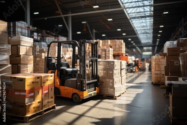 Fototapeta A large retail warehouse filled with shelves with goods stored on manual pallet trucks in cardboard boxes and packages. driving a forklift in the background Logistics and distribution facilities 