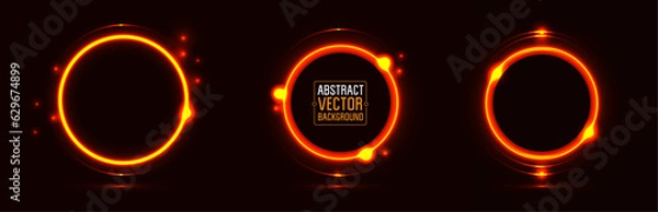 Fototapeta Neon Shining set of Round Frames with Abstract Orange Red Bright Light. Futuristic Space portals, Magic Light. Abstract colorful shining background.