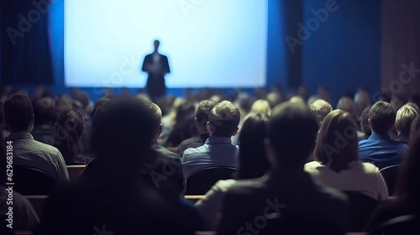 Fototapeta Blurred soft of seminar room for background filled with people attending a speech about business