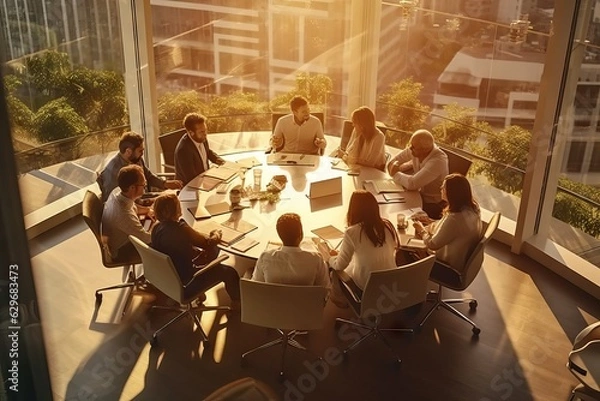 Fototapeta Round table brainstorming at the office, workings reunite to create ideas, office job