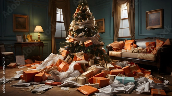 Obraz A Christmas tree with lots of torn gift wrapping paper and plastics lying on the floor. Concept of a throwaway culture on Christmas, problem of a throwaway gift wrap