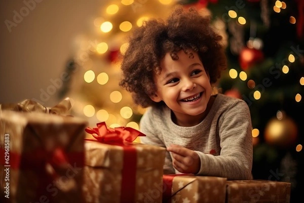 Fototapeta Small cute child holding present gift box with red ribbon,giving receiving presents on holiday event