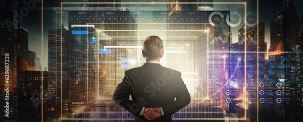 Fototapeta Person using online trading interface with charts and statistics on VR computer screen to analyze ETF and ticker price evolution. Sell or buy. Stock exchange trading data and financial investment.