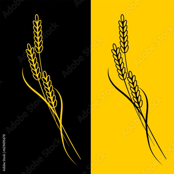 Fototapeta Bakery set elegant wheat ears set in black and yellow. Logo or emblem element for hand drawn line herbal for design beer, bread, flour packaging