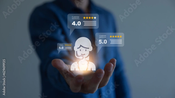 Fototapeta Consumers rate their satisfaction 5 stars, Customer Experience Survey Concepts for Services and Products and Customer Engagement, Excellent business appraisal, Entrepreneur Support, positive rating.