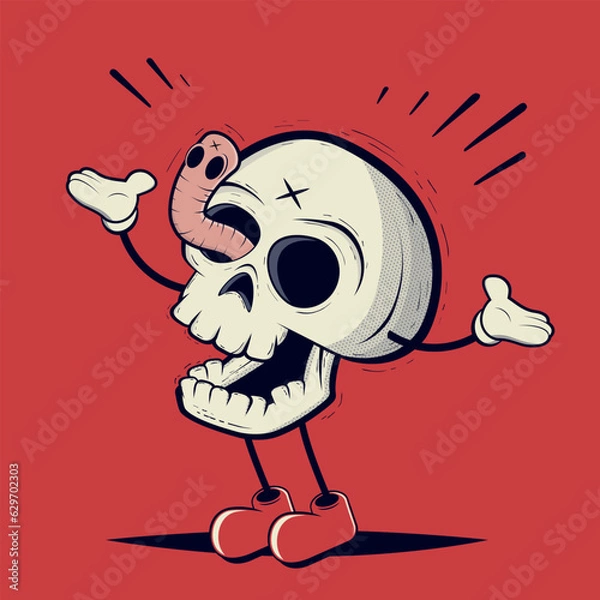 Fototapeta weird retro cartoon skull with a worm in the eye