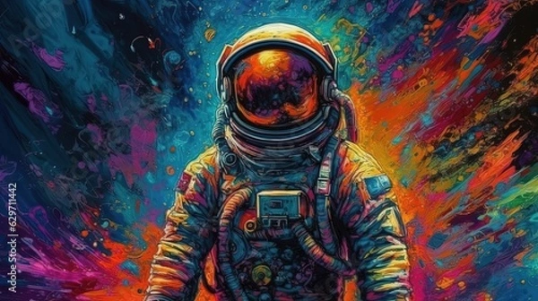 Fototapeta Psychedelic colorful astronaut in space. Generative AI