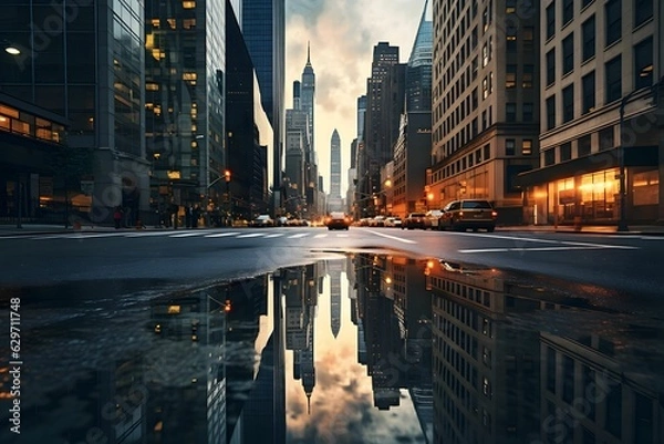 Fototapeta Die Reflektion einer Großstadt in einer Pfütze.