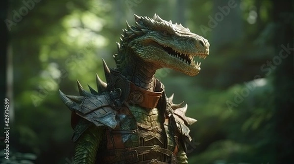 Fototapeta Anthropomorphic dragon in forest. Armored dragon. Generative AI
