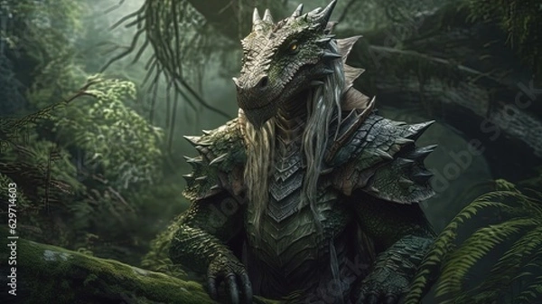 Fototapeta Anthropomorphic dragon in forest. Armored dragon. Generative AI