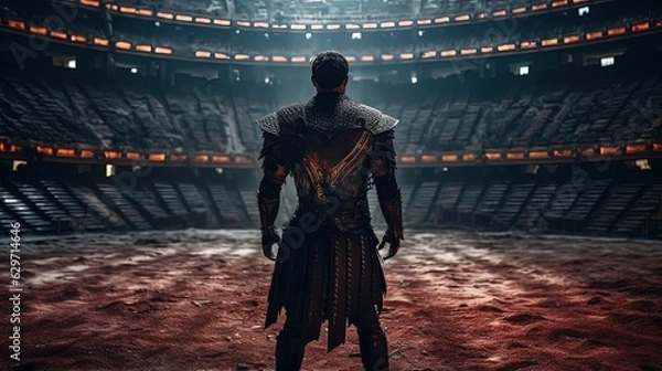 Fototapeta Armored gladiator overlooking the ancient amphitheater. Antique gladiator arena. Muscle gladiator. Generative AI