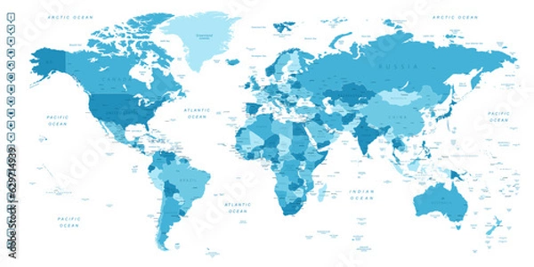 Obraz World map. Highly detailed map of the world with detailed borders of all countries, cities, regions and bodies of water in blue tones.