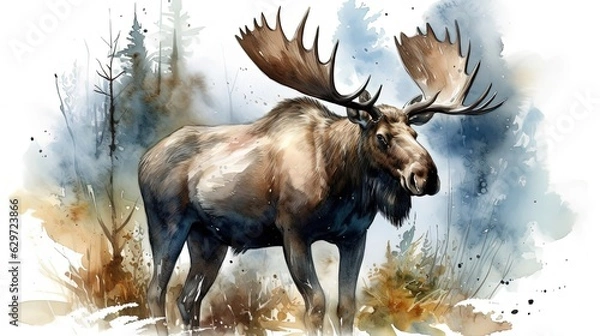 Fototapeta Moose. In style of watercolor illustration. Generative AI