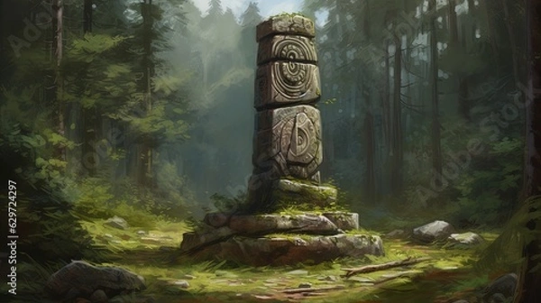Fototapeta Giant Celtic stone totem in forest. In style of oil painting illustration. Generative AI
