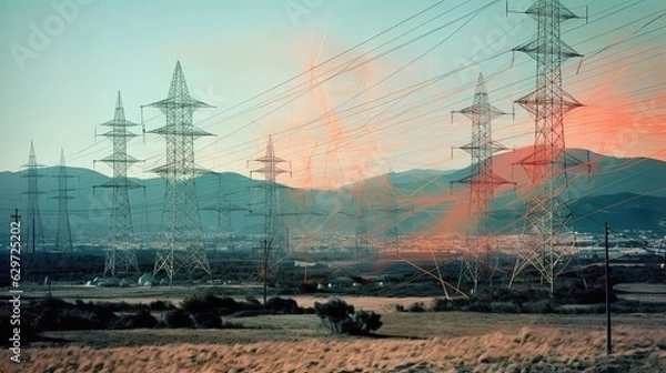 Fototapeta Landscape with transmission towers and with peach haze. Generative AI
